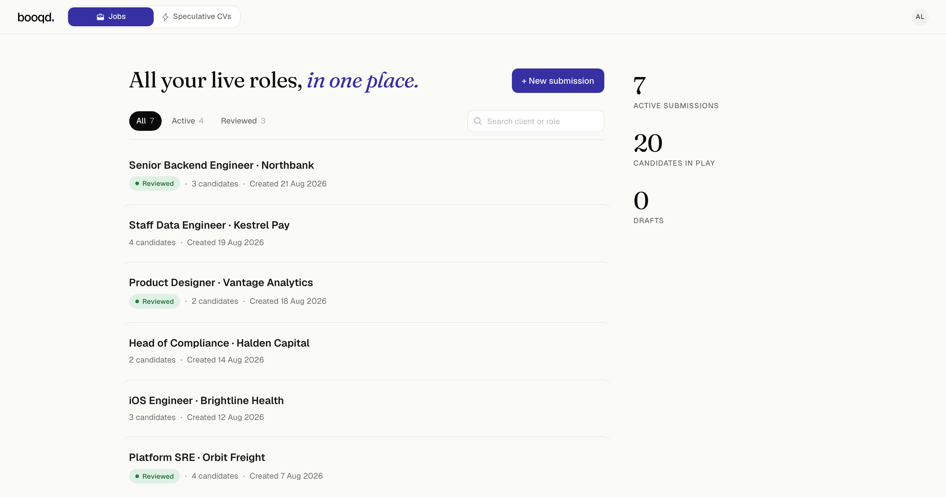 booqd dashboard: live roles, candidates in play